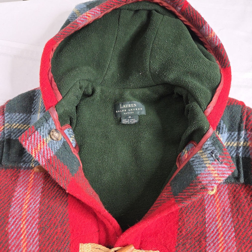 Louren Ralph Lauren Red Plaid Toggle pea Coat wool rare  winter Petite M - Picture 14 of 16